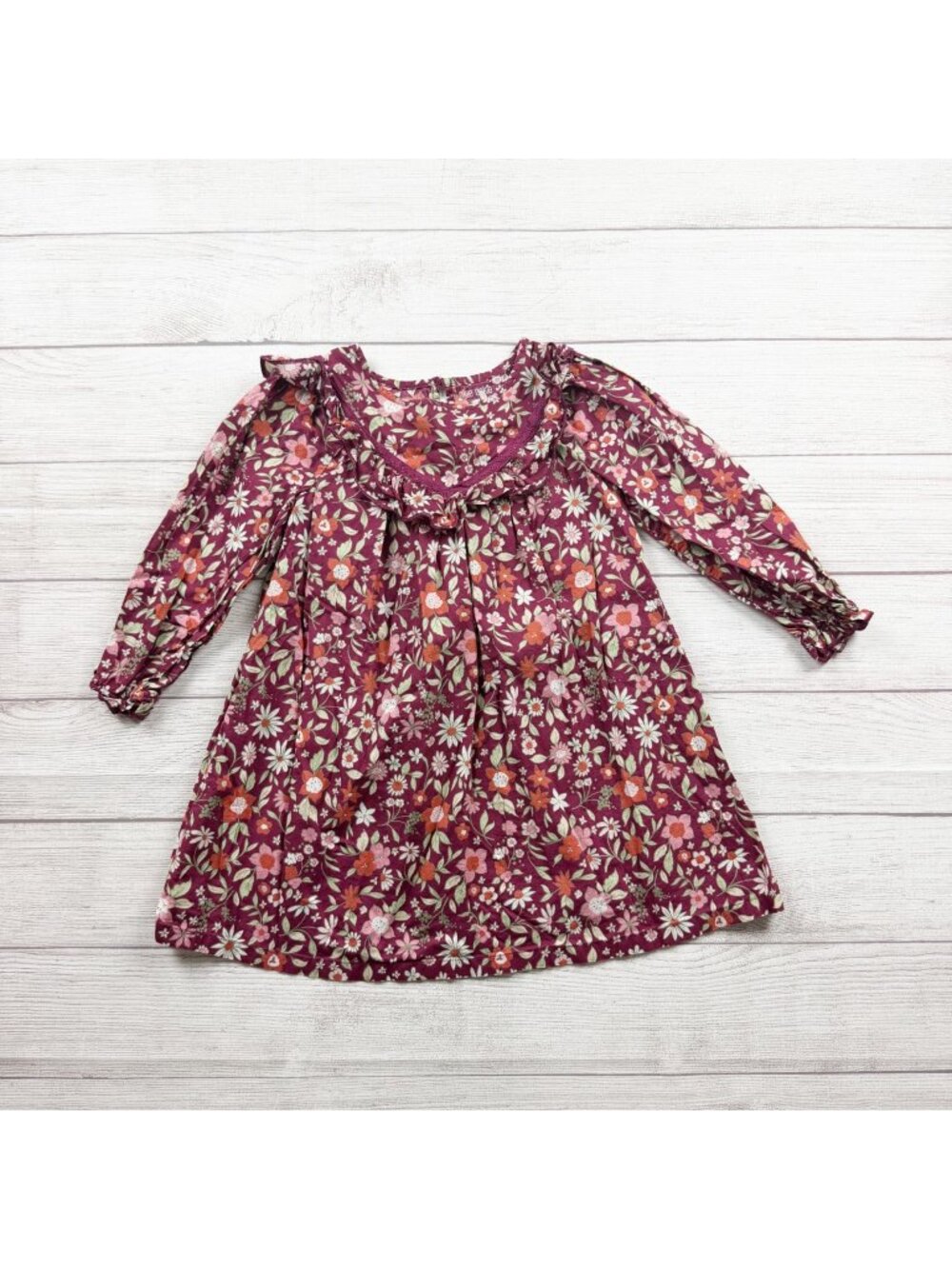 Okie Dokie Girls Floral Long Sleeve Ruffle Dress Burgundy 5T